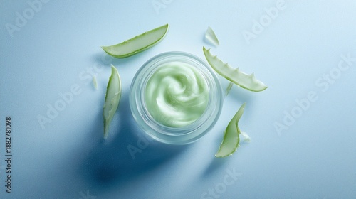 Green aloe vera cream in a clear jar surrounded by fresh aloe leaves on a soft blue background, showcasing natural skincare and wellness concepts for beauty enthusiasts