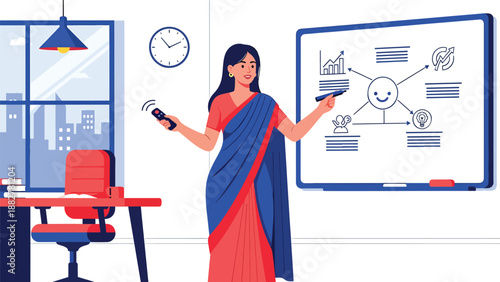 Vector illustration of an Indian woman wearing a saree giving a business presentation, symbolizing leadership, professionalism, and cultural diversity in a modern corporate environment