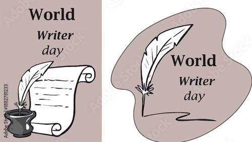 World Writer Day Illustration Set with Quill Scroll and Ink Bottle on Muted Background