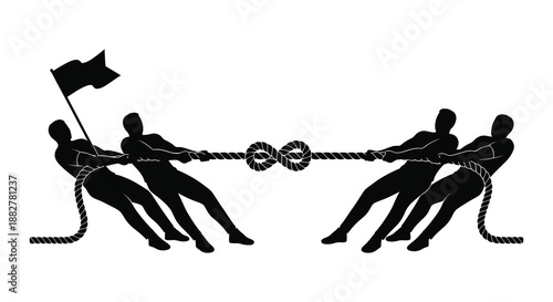 a dynamic illustration depicts two teams engaged in a spirited tug of war competition showcasing strength and teamwork in silhouette