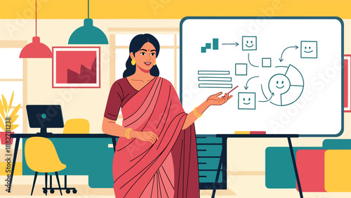 Vector illustration of an Indian woman wearing a saree giving a business presentation, symbolizing leadership, professionalism, and cultural diversity in a modern corporate environment