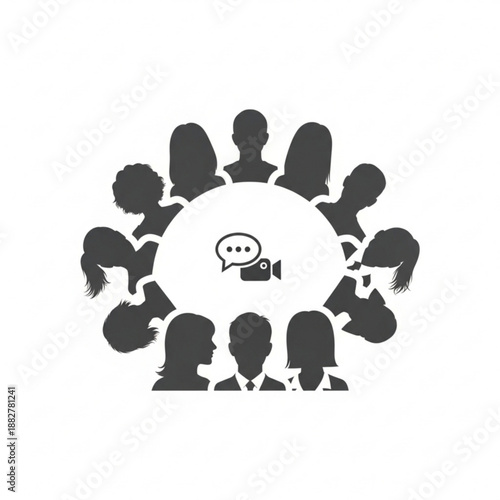 Group of people silhouetted around a central video camera icon, representing teamwork and communication