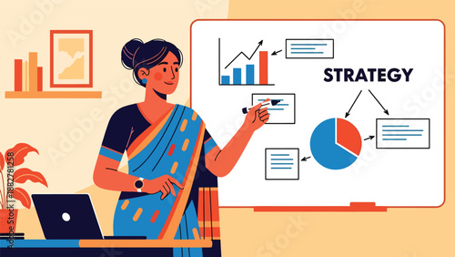 Vector illustration of an Indian woman wearing a saree giving a business presentation, symbolizing leadership, professionalism, and cultural diversity in a modern corporate environment