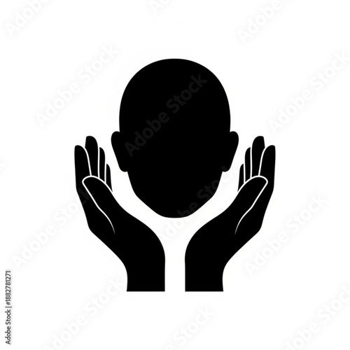 A silhouette of a person's head being cradled by two hands from below, depicted in a minimalist illustration style