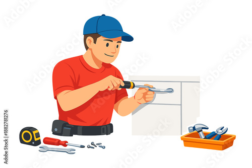 Handyman installing cabinet handle with screwdriver