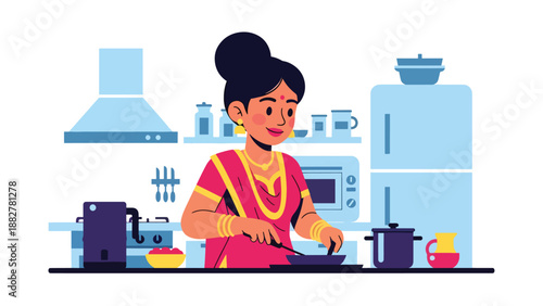 Vector illustration of an Indian woman in traditional clothing cooking in a modern kitchen, showing everyday home life and cultural heritage in a contemporary domestic setting