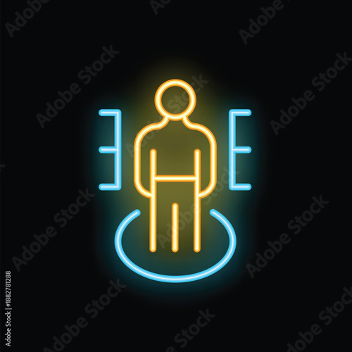Neon icon of a man standing on a platform being scanned by technology, representing concepts such as body scan, security check, or futuristic identification