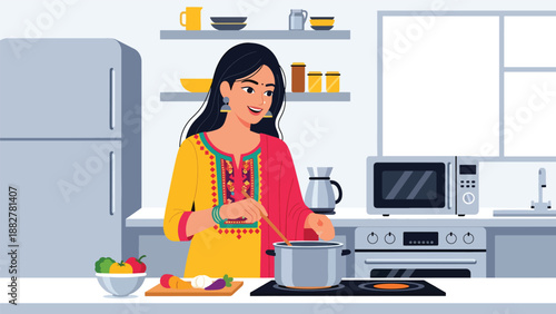 Vector illustration of an Indian woman in traditional clothing cooking in a modern kitchen, showing everyday home life and cultural heritage in a contemporary domestic setting