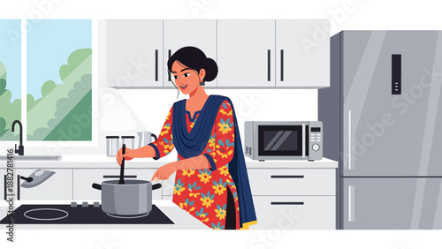 Vector illustration of an Indian woman in traditional clothing cooking in a modern kitchen, showing everyday home life and cultural heritage in a contemporary domestic setting