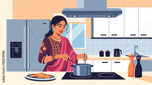 Vector illustration of an Indian woman in traditional clothing cooking in a modern kitchen, showing everyday home life and cultural heritage in a contemporary domestic setting