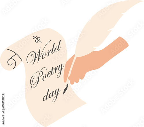 Elegant Illustration of a Hand Writing on a Scroll with a Quill for World Poetry Day