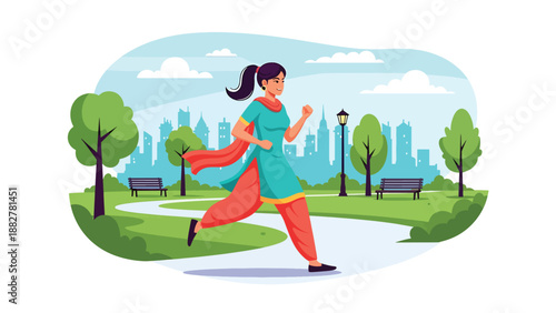 Vector illustration of an Indian woman in salwar kameez jogging in an urban park, promoting fitness, active lifestyle, and traditional fashion in a modern city environment