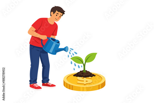 Person watering a money plant on a gold coin