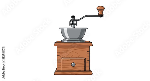 Vintage manual coffee grinder illustration, classic kitchen tool for fresh coffee beans
