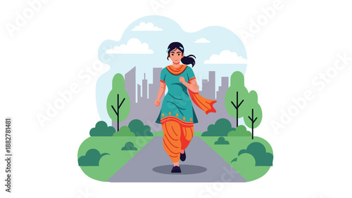 Vector illustration of an Indian woman in salwar kameez jogging in an urban park, promoting fitness, active lifestyle, and traditional fashion in a modern city environment