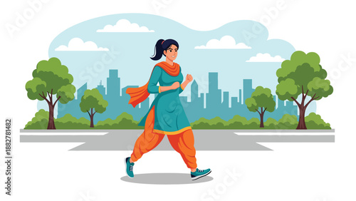Vector illustration of an Indian woman in salwar kameez jogging in an urban park, promoting fitness, active lifestyle, and traditional fashion in a modern city environment