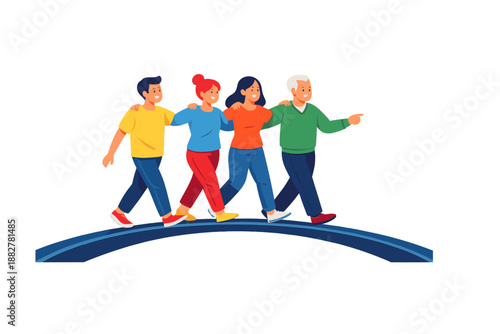 Diverse group of people walking together on a glowing path