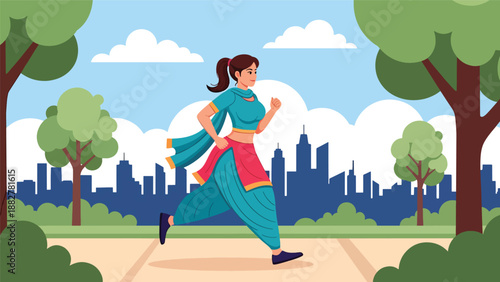 Vector illustration of an Indian woman in salwar kameez jogging in an urban park, promoting fitness, active lifestyle, and traditional fashion in a modern city environment