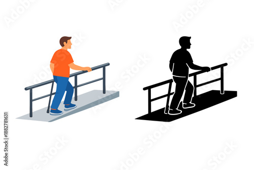 Man using a cane walks up stairs with a handrail