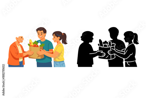 People giving grocery bag to an elder person