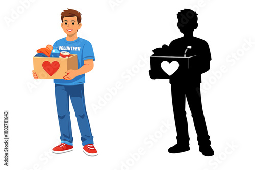 Smiling young man volunteer holding a donation box