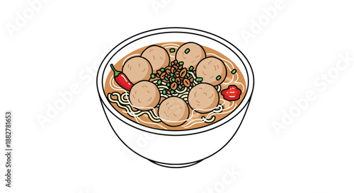 Asian meatball noodle soup illustration, traditional comfort food in a bowl