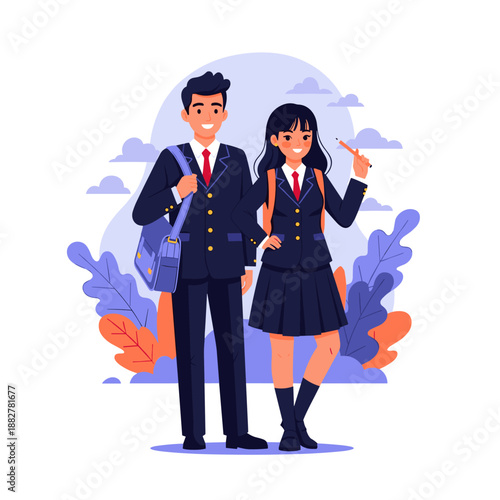 Cartoon vector illustration of a police officer and a woman standing together with a gun in a modern style