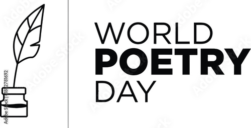 World Poetry Day Minimalist Black and White Logo with Quill Pen and Inkwell Illustration