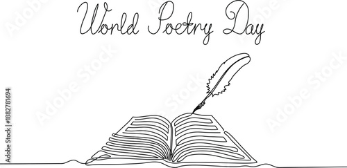 World Poetry Day Continuous Line Drawing of Open Book and Quill Pen for Minimalist Literature Concept