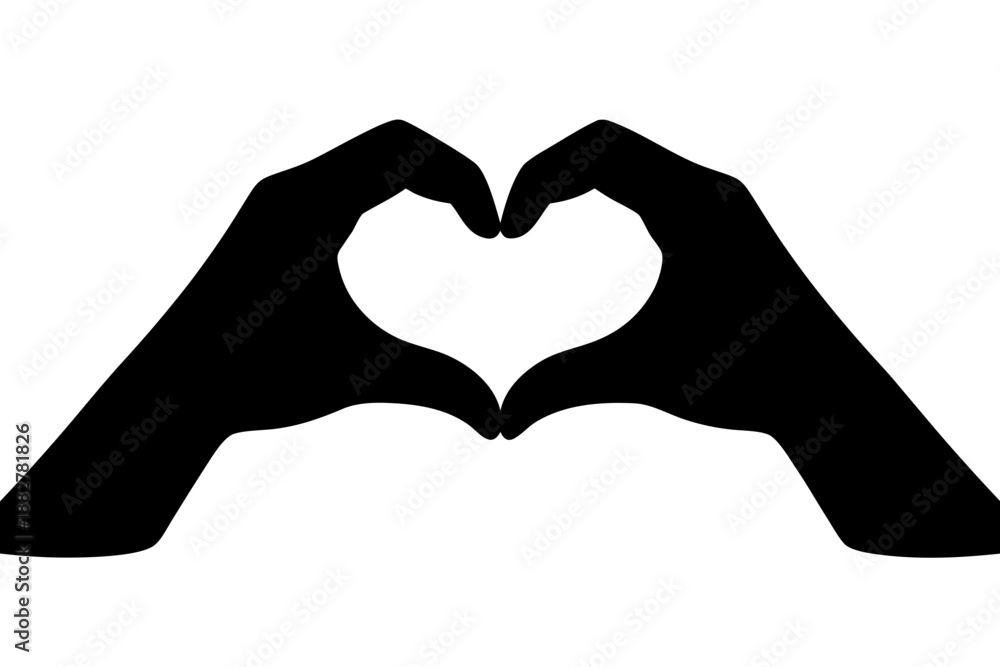 Fototapeta premium Black silhouette of two hands forming a heart gesture, symbol of love, support and friendship. Minimal design for romantic messages, charity logos and social media icons.