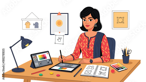 Vector illustration of an Indian woman in a kurti working as a freelance designer, showing creativity, remote work, and traditional fashion in a modern professional lifestyle