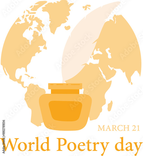 International World Poetry Day Illustration with an Inkwell and Quill over a Silhouette of the Globe