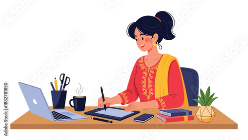 Vector illustration of an Indian woman in a kurti working as a freelance designer, showing creativity, remote work, and traditional fashion in a modern professional lifestyle