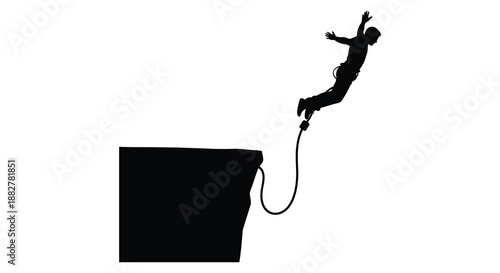 a dynamic silhouette of a person jumping with a bungee cord conveying motion and adventure against a stark white background