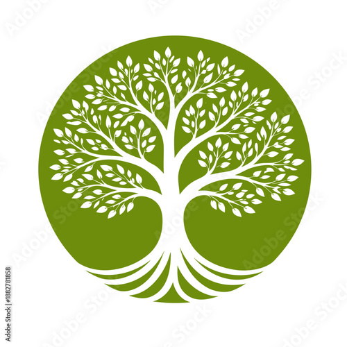 Tree of life silhouette with many leaves inside green circle, eco nature emblem for sustainability and growth. Organic branding symbol for environmental conservation and wellness.