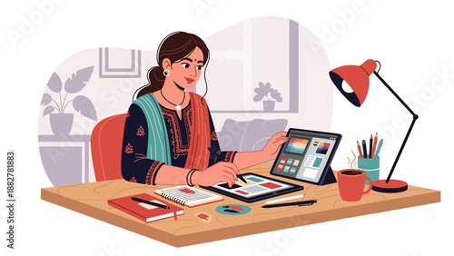 Vector illustration of an Indian woman in a kurti working as a freelance designer, showing creativity, remote work, and traditional fashion in a modern professional lifestyle
