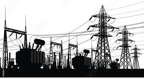 a stark black and white image depicts power lines electrical towers and industrial equipment forming a striking silhouette high quality professional