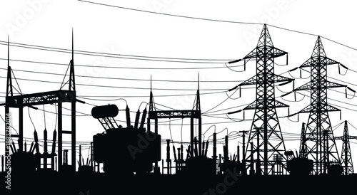 a stark black silhouette depicts a complex network of power lines transformers and electrical towers against a bright white sky