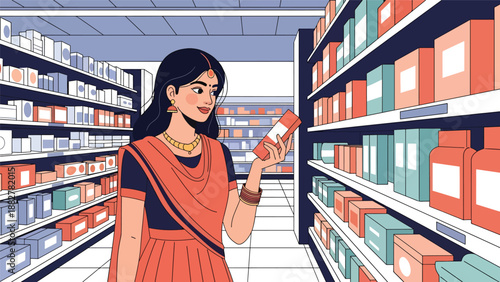 Vector illustration of an Indian woman in traditional dress shopping at a modern supermarket, reflecting everyday consumer lifestyle and cultural identity in contemporary settings