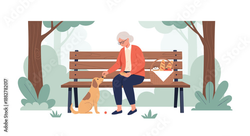 Senior woman sitting on a wooden park bench with a picnic basket while feeding a small brown dog in a peaceful green forest setting.