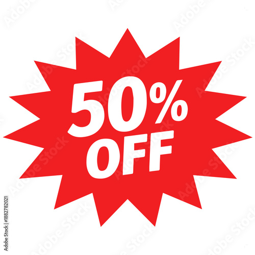 50 percent off discount icon badge, red sale promotion label, marketing sticker for retail and advertising