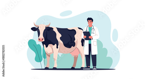 Professional male veterinarian wearing a white lab coat and holding a clipboard while standing next to a black and white dairy cow outdoors.