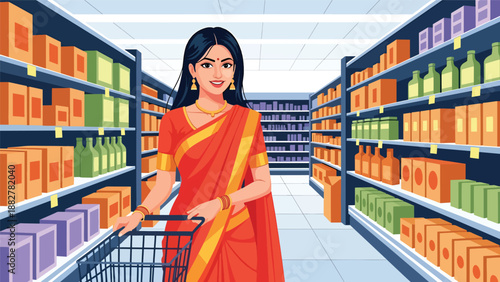 Vector illustration of an Indian woman in traditional dress shopping at a modern supermarket, reflecting everyday consumer lifestyle and cultural identity in contemporary settings