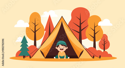 Cheerful toddler boy peeking out from a yellow camping tent in a colorful autumn forest filled with orange and red deciduous trees.