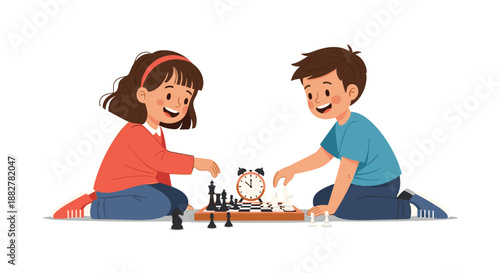 Young girl and boy sitting on the floor and intensely playing a game of chess with a timer clock between them on a white background.