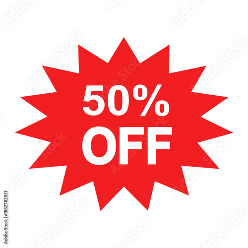 Red fifty percent off discount icon, sale promotion badge, special price offer label illustration