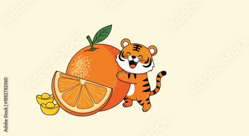 Small cute cartoon tiger character joyfully hugging a very large whole orange and a slice, symbolizing prosperity and good luck.