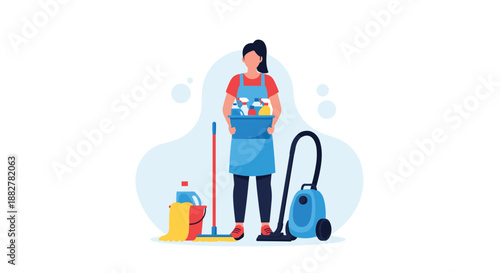 Professional cleaning lady character standing with a vacuum cleaner, a mop, a bucket of water, and various detergent spray bottles.