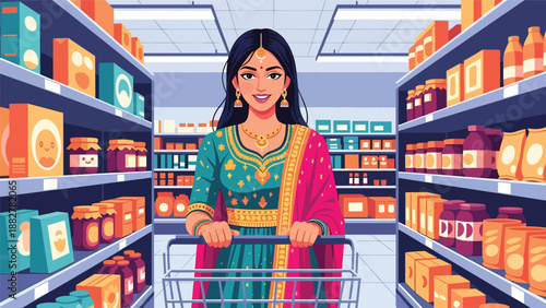 Vector illustration of an Indian woman in traditional dress shopping at a modern supermarket, reflecting everyday consumer lifestyle and cultural identity in contemporary settings
