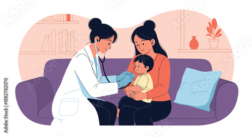 Female pediatrician in a white coat using a stethoscope to examine a small child sitting on a sofa with his mother at home.